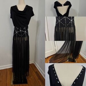 Vtg Nom De Plume Black Evening Dress M Whimsigoth Rhinestones Mesh Witchy Vampy‎